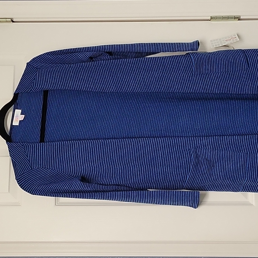 Lularoe Sarah, long cardigan,  blue with black stripes